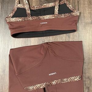 Liaison Women's Brown Leopard-Trim Sports Bra and Leggings Set